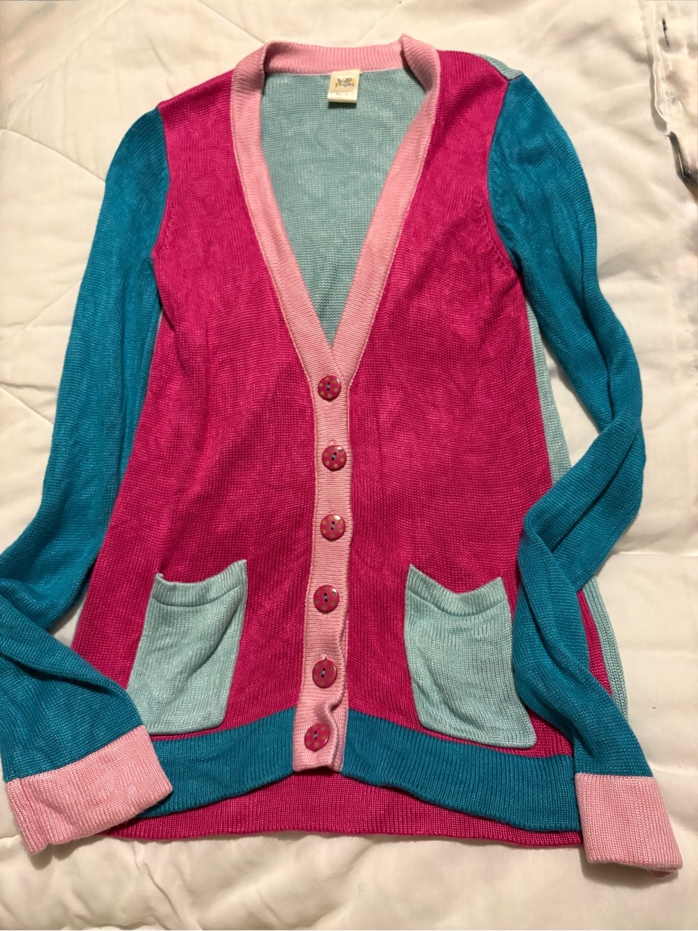 Wildflowers Colorblock Button Cardigan - Pink, Teal, Light Blue